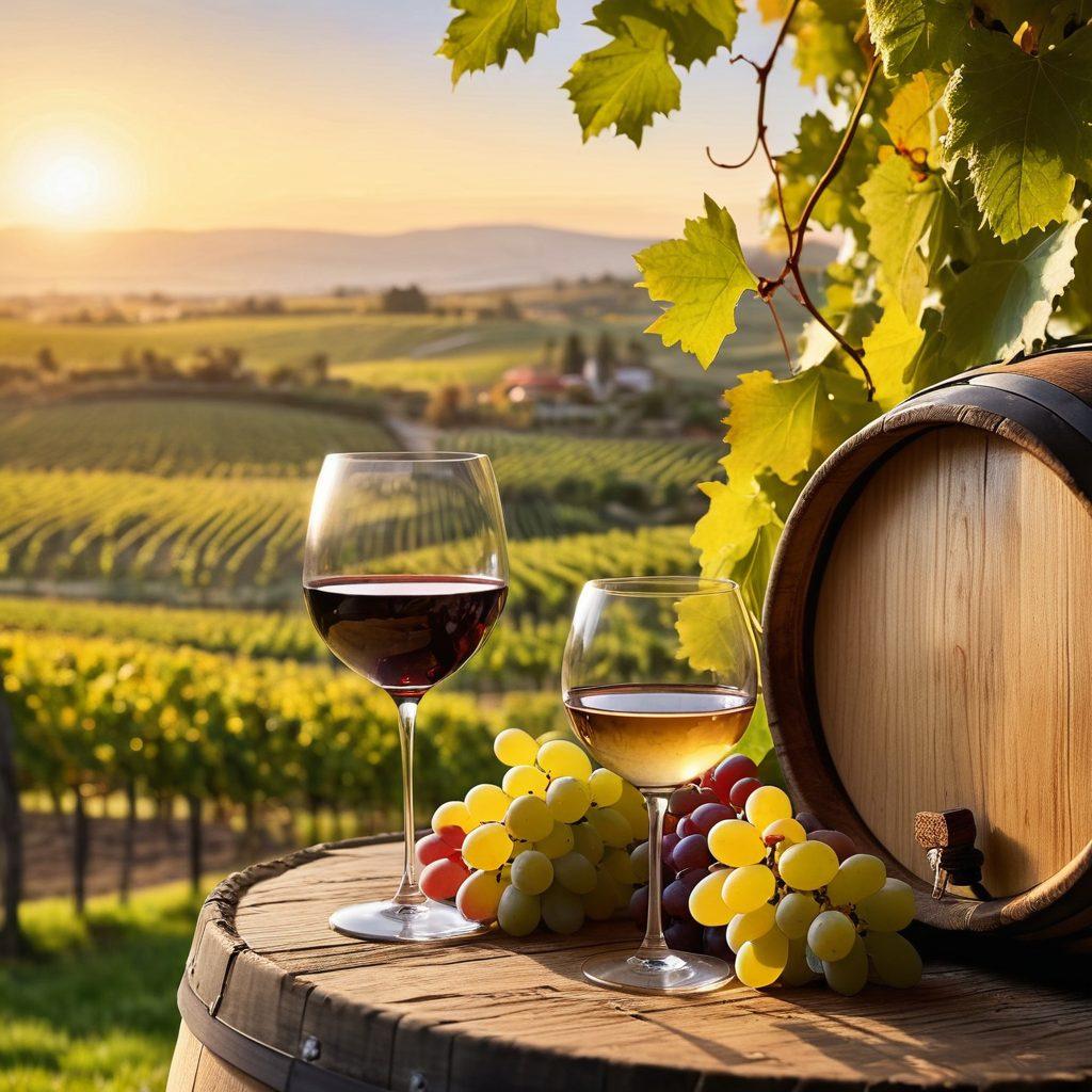 A picturesque vineyard at sunset, showcasing rows of grapevines heavy with ripe grapes, a rustic wooden wine barrel in the foreground. A crystal wine glass capturing the golden hues of the sun, glistening droplets of wine reflecting light. In the background, rolling hills and a charming winery, inviting exploration of the wine journey from the vineyard to the glass. super-realistic. vibrant colors. warm tones.