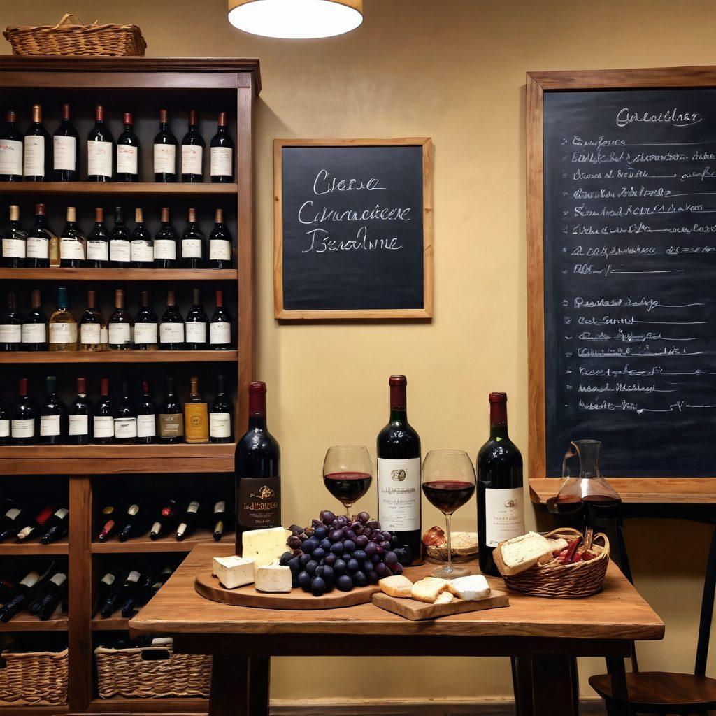 A cozy wine shop scene showcasing an elegant wooden shelf lined with diverse wine bottles, with a knowledgeable sommelier assisting a friendly couple. Soft warm lighting enhances the inviting atmosphere, while a chalkboard in the background lists 'Insider Tips' for wine shopping. A small table displays wine tasting glasses and a basket of fresh cheese and grapes, creating a convivial environment. Artistic brush strokes create a warm and intimate ambiance. painting. warm colors. cozy atmosphere.