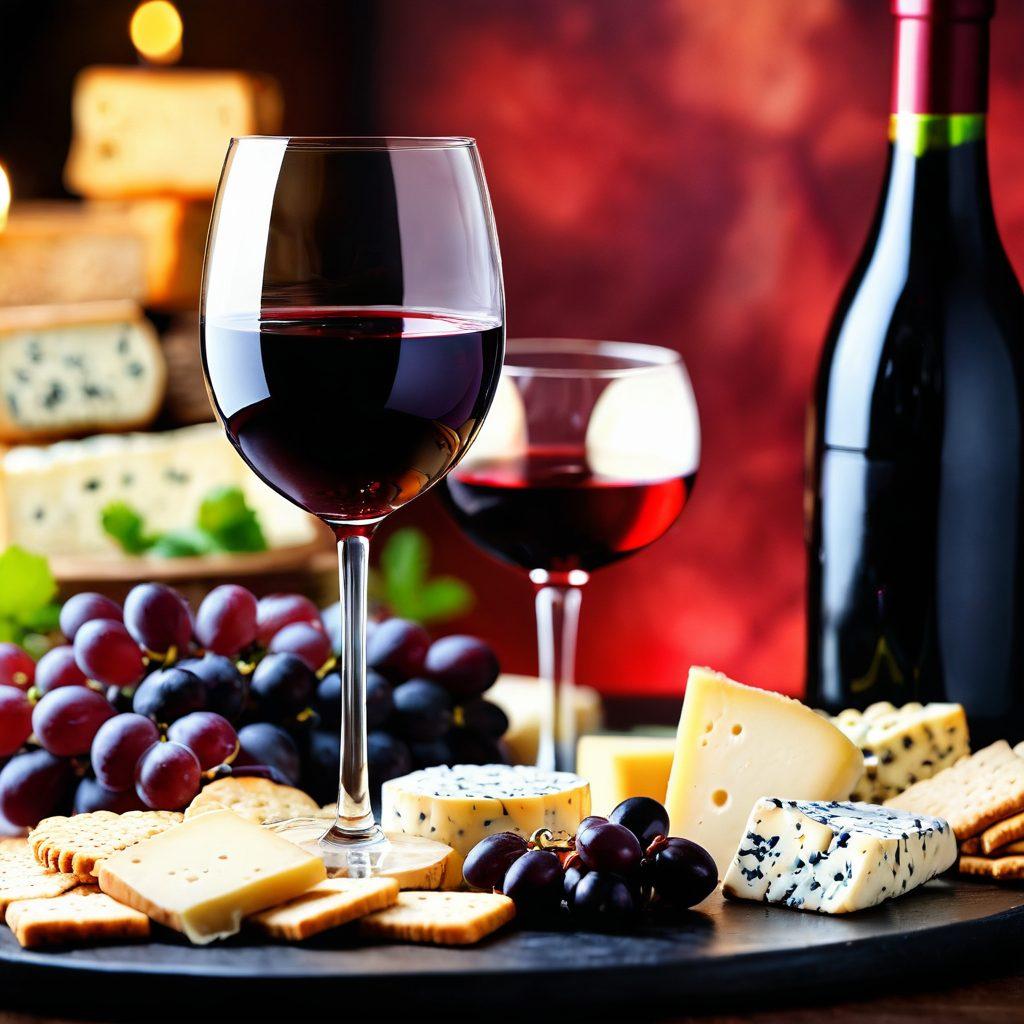 An elegant wine glass filled with a deep red wine, surrounded by a selection of gourmet cheeses and crackers, with an online shopping interface visible in the background. A warm, inviting ambiance with soft lighting to evoke a sense of luxury and comfort. Grapes and a corkscrew subtly placed nearby. super-realistic. vibrant colors. soft focus.